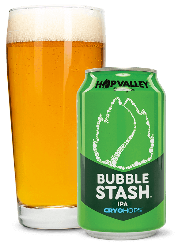 Bubble Stash IPA glass and can beer