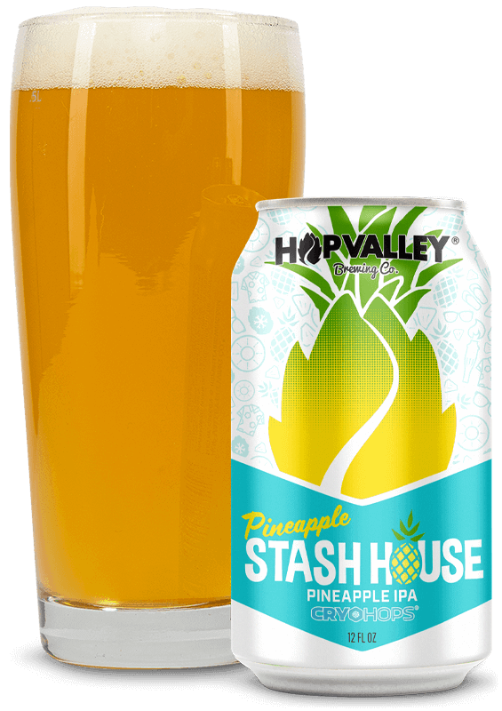 Pineapple Stash House glass and can beer