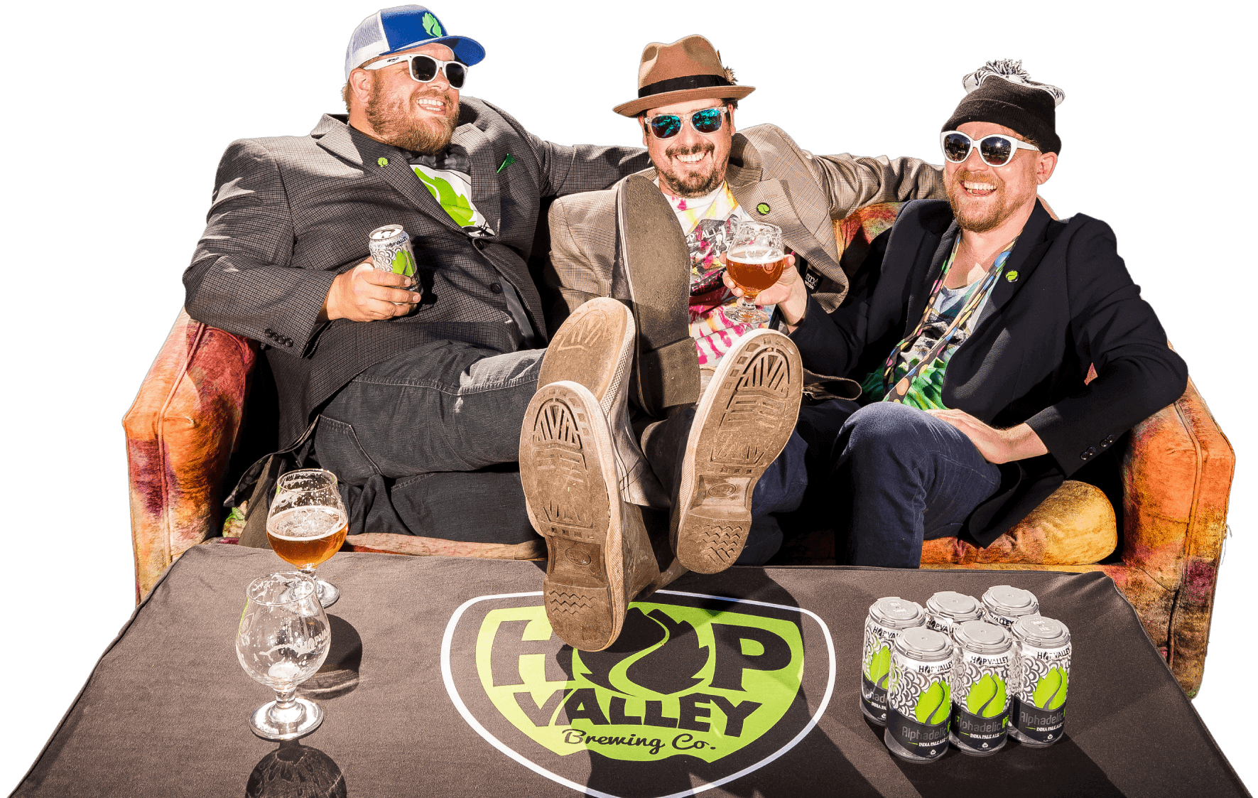 Brewmaster Brandon, Trevor, and Patty on a couch